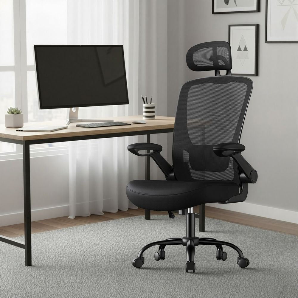 Office Chair - Ergonomic Mesh with Lumbar and Head Support - Swivel Home Office Seating Design