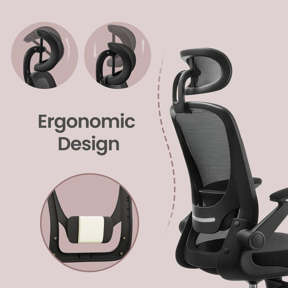 Office Chair - Ergonomic Mesh with Lumbar and Head Support - Swivel Home Office Seating Design